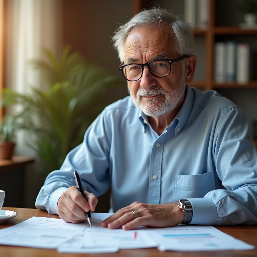 An older adult at a desk, independently reviewing financial papers with a focused and confident expression