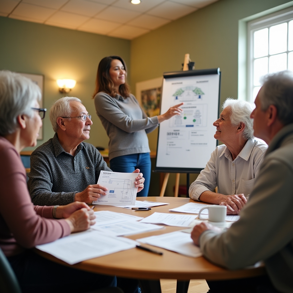 Older adults in a banking education workshop, reviewing printed bank documents together