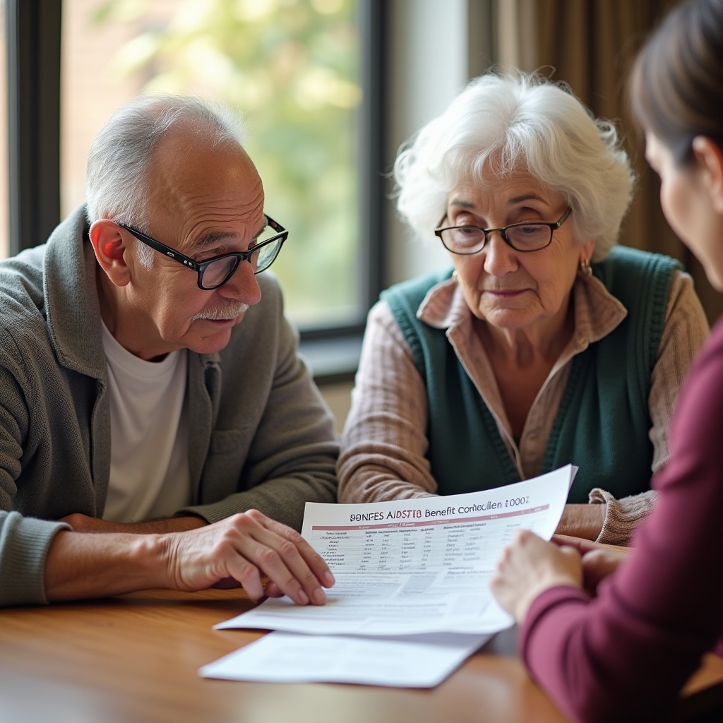 Two older adults sitting together reviewing pension documents with a facilitator at a community center