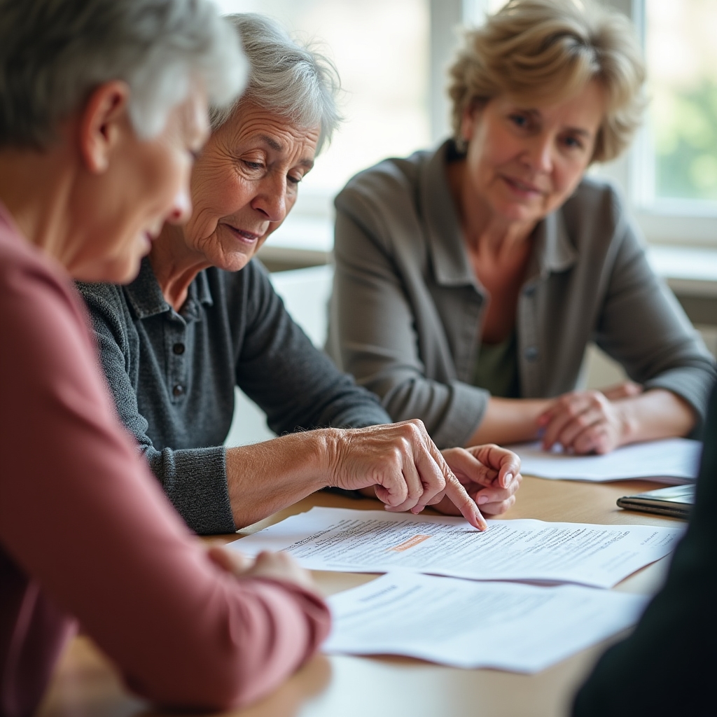 Workshop participants examining printed examples of financial offers and identifying warning signs together