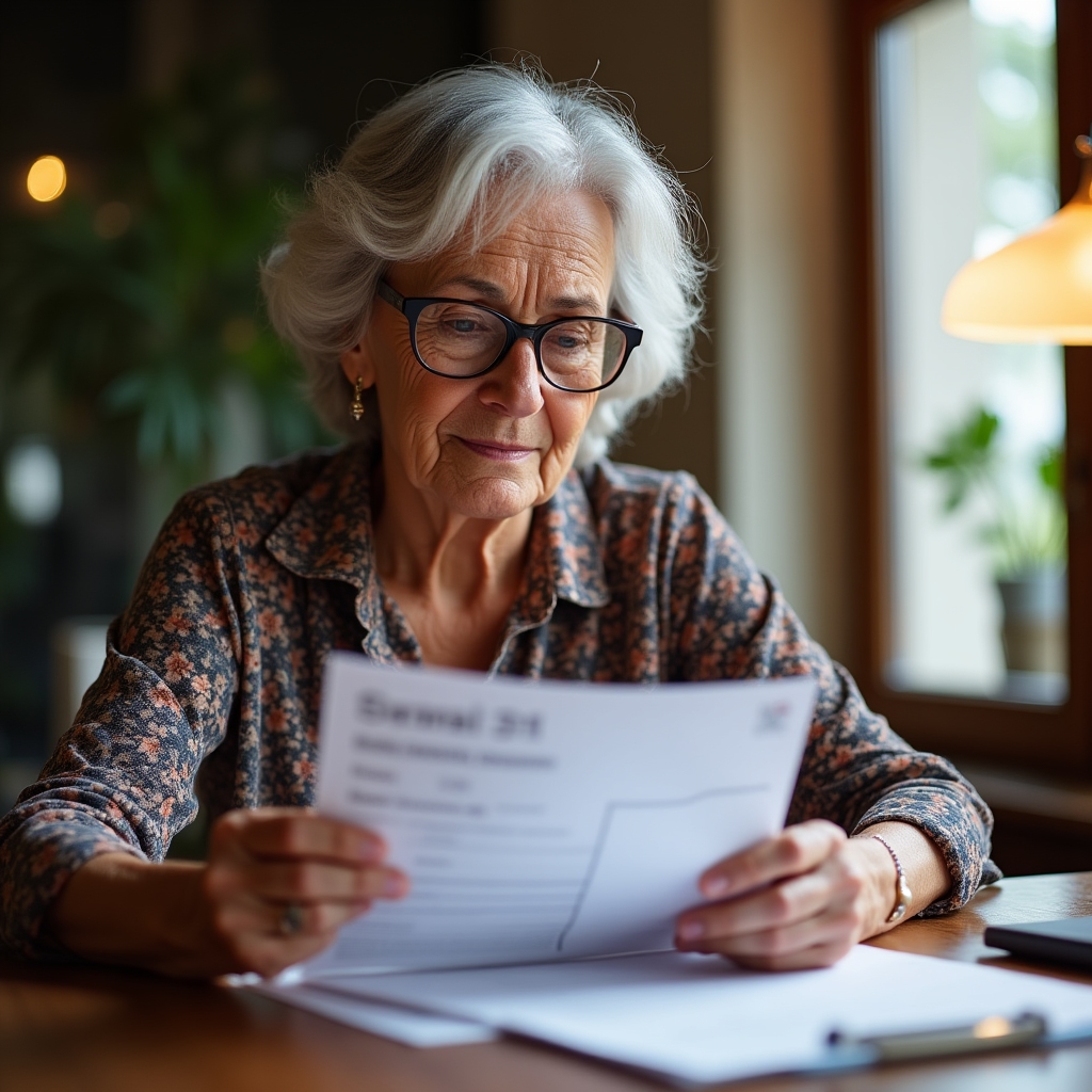 Older woman reviewing a bank document with confidence at a desk