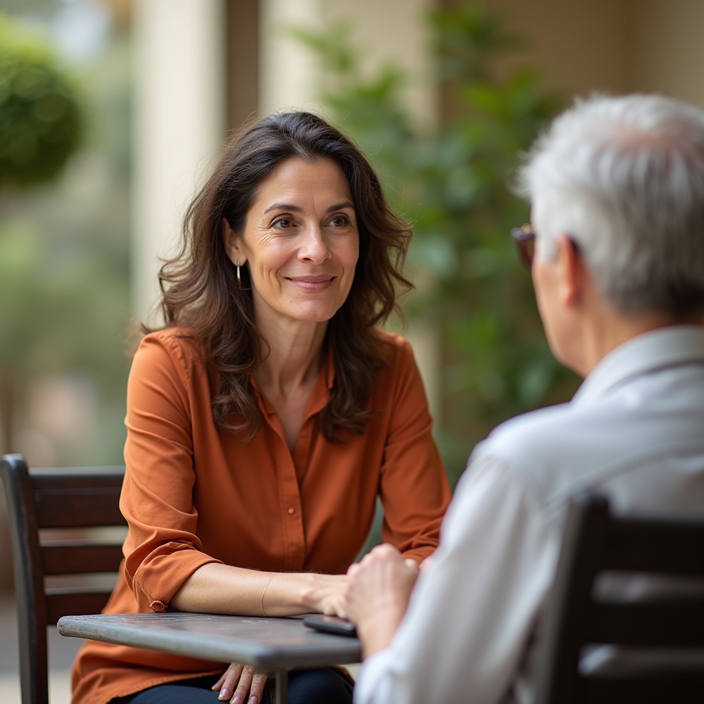 Educational advisor, a woman in her mid-40s, attentively listening during a consultation meeting outdoors