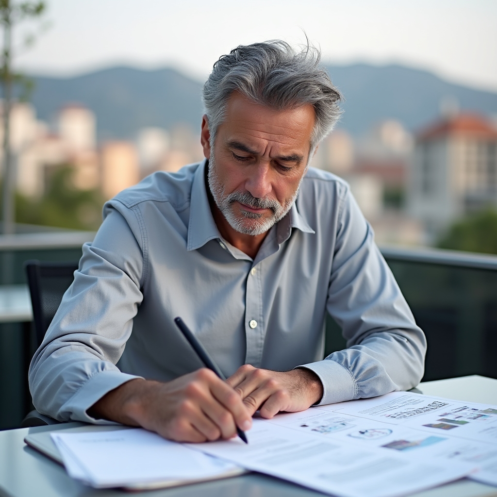 Program coordinator, a man in his early 50s, reviewing materials at an outdoor professional workspace