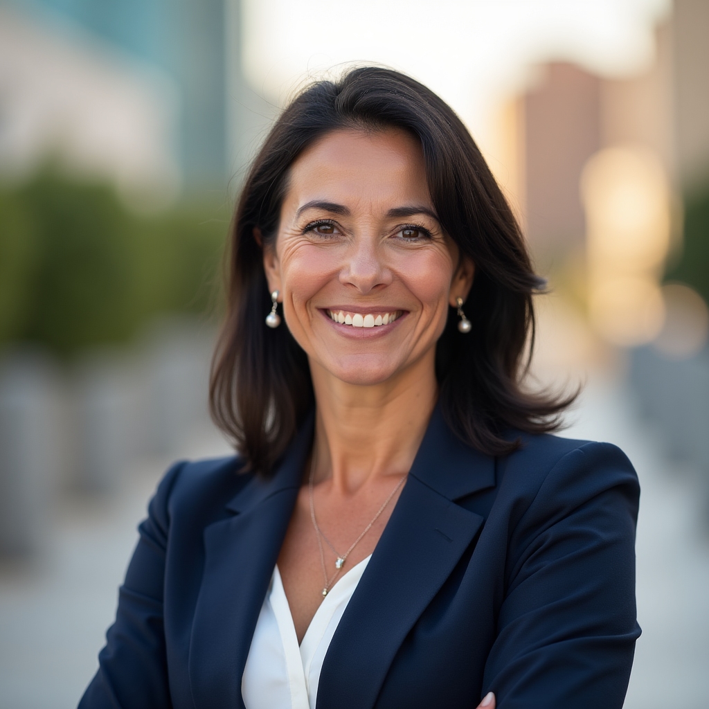 Financial education facilitator, a woman in her late 40s, smiling warmly in a professional setting